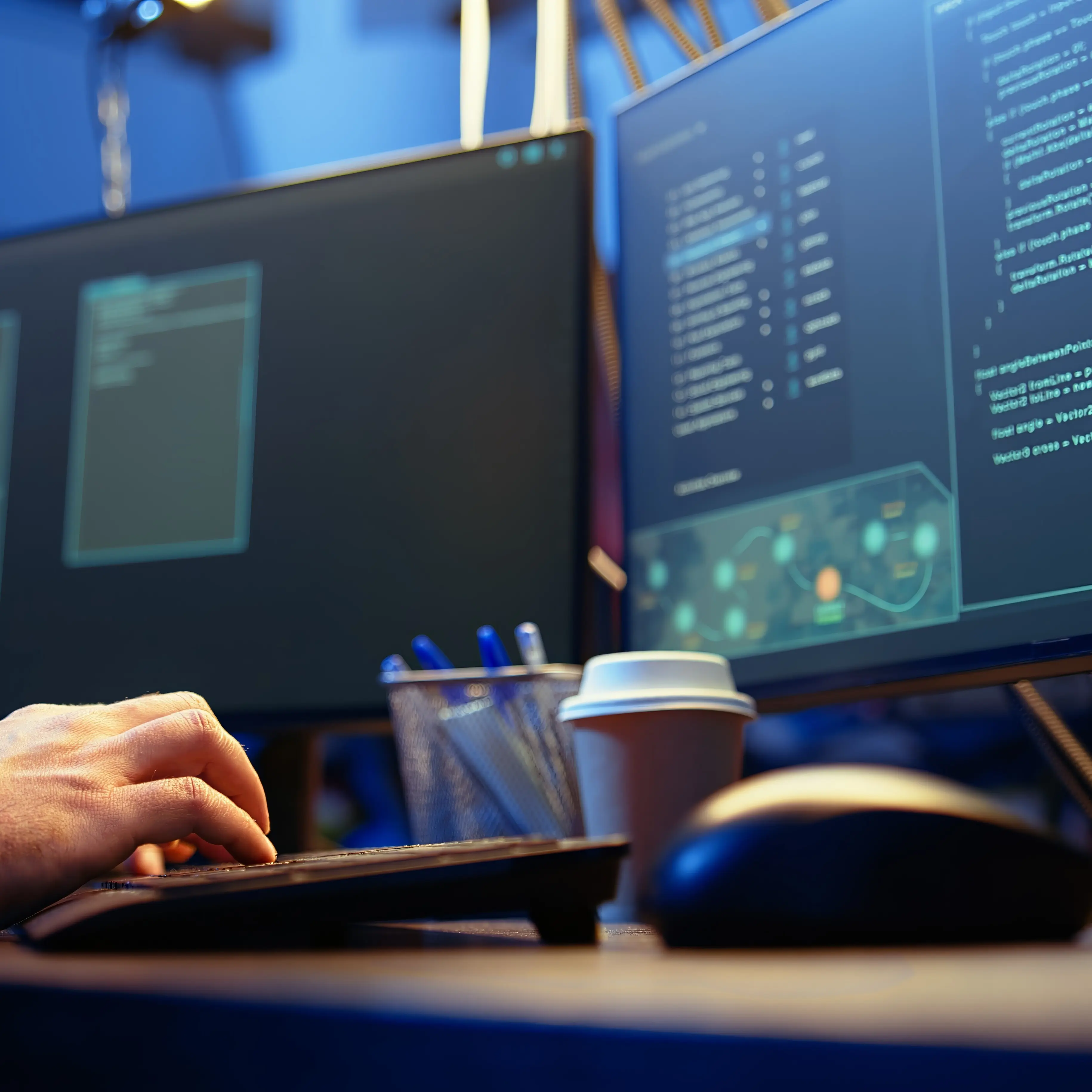 Close-up low angle of developer with dual monitors showing code