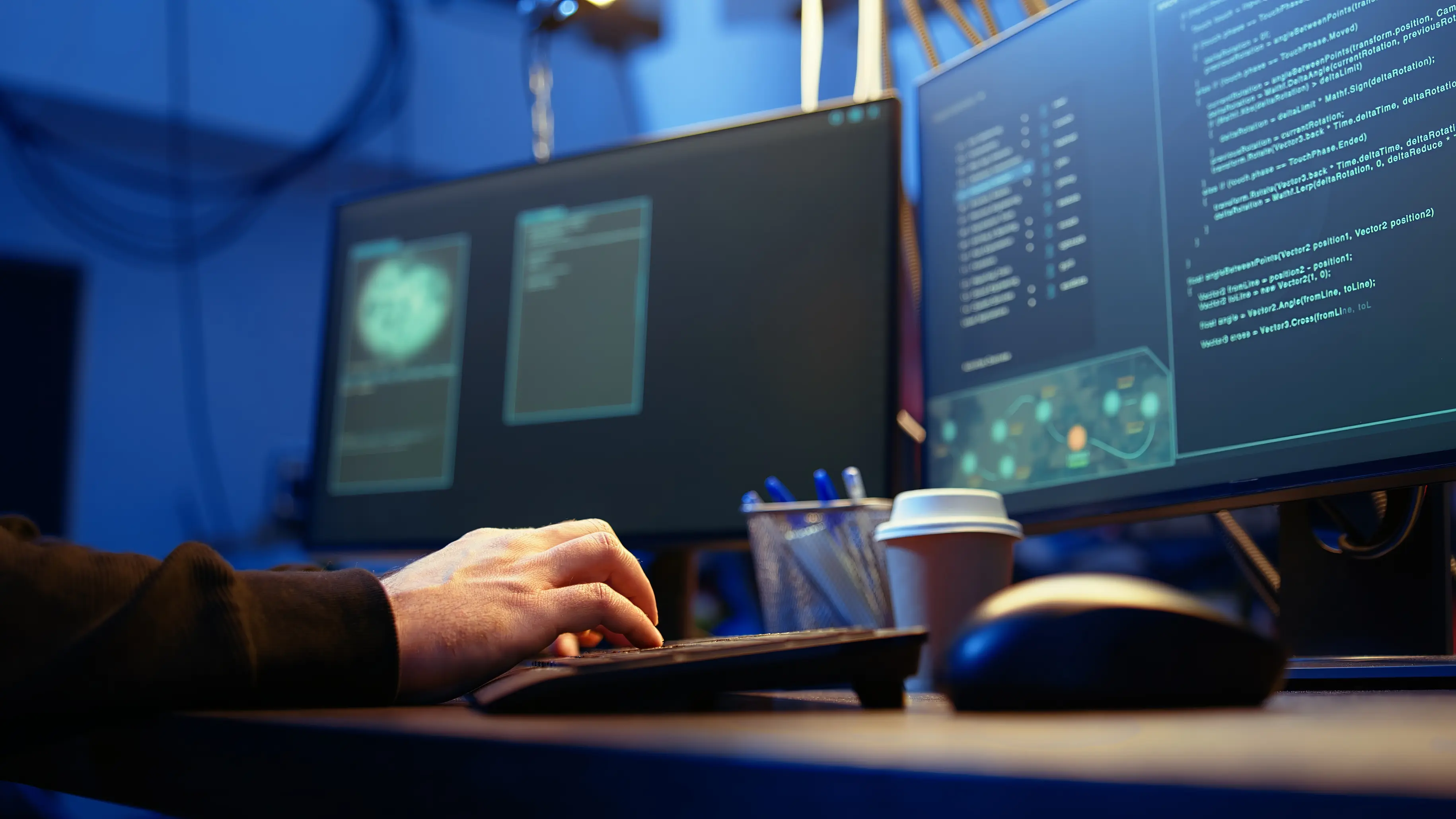 Close-up low angle of developer with dual monitors showing code