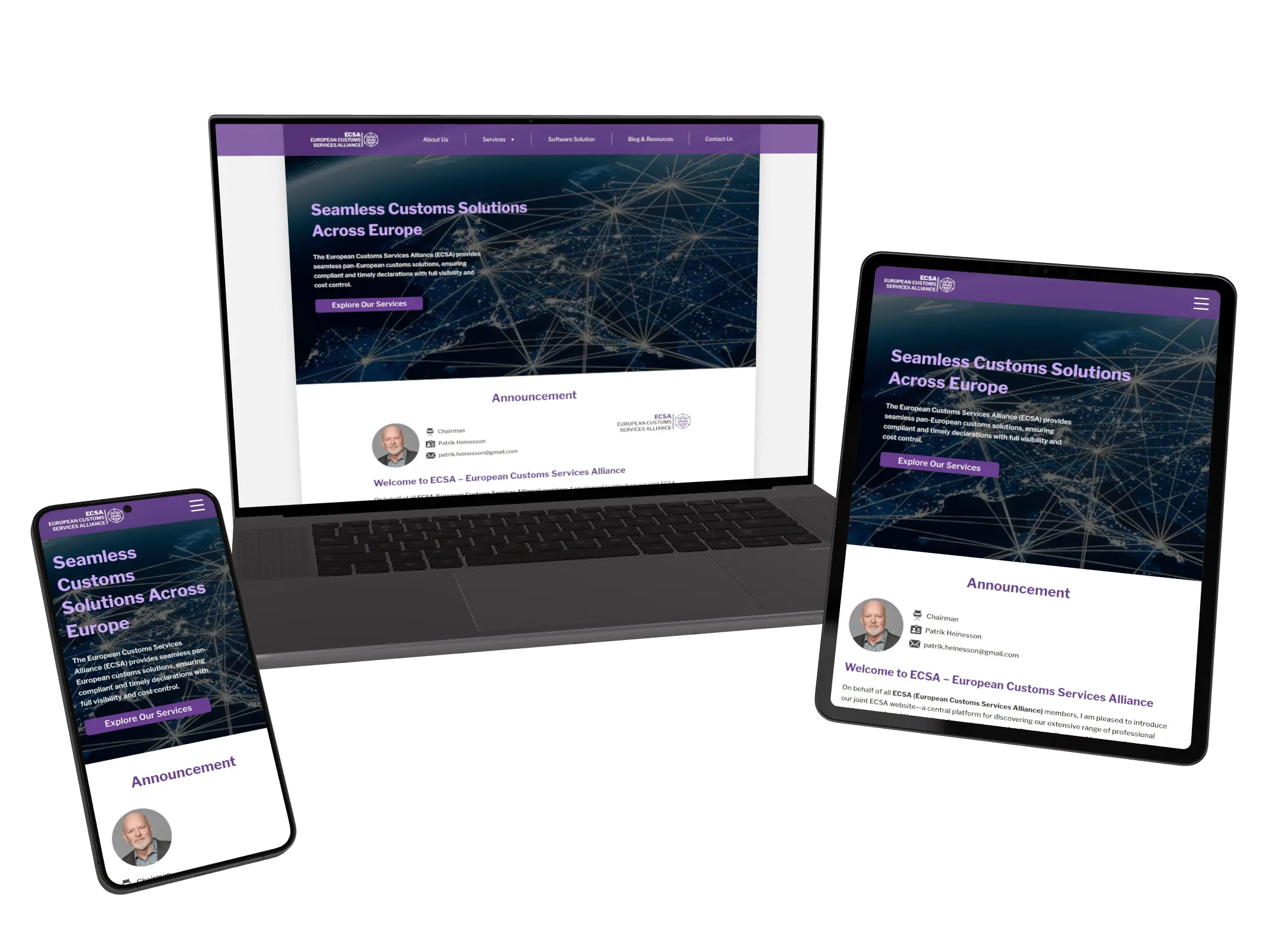 ECSA website on a laptop, a tablet and a phone